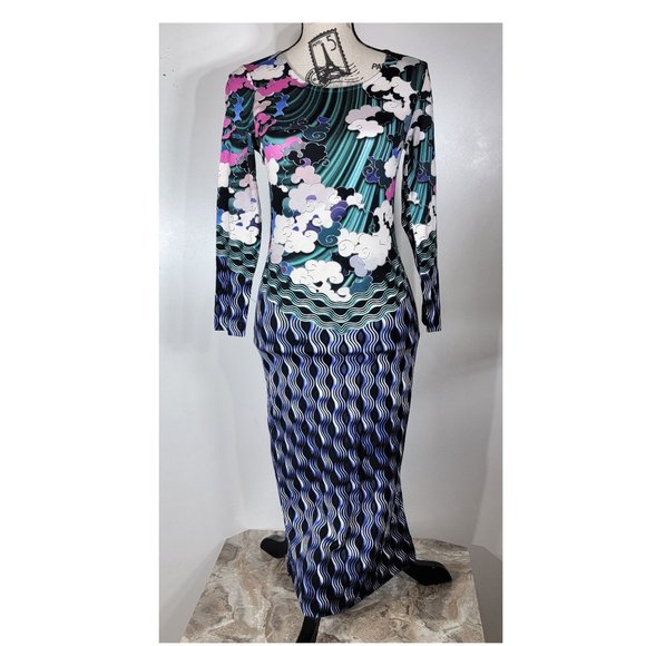 Mary Katrantzou Cloud Print Long Sleeve Jersey Bodycon Midi Dress Size M - Picture 2 of 7